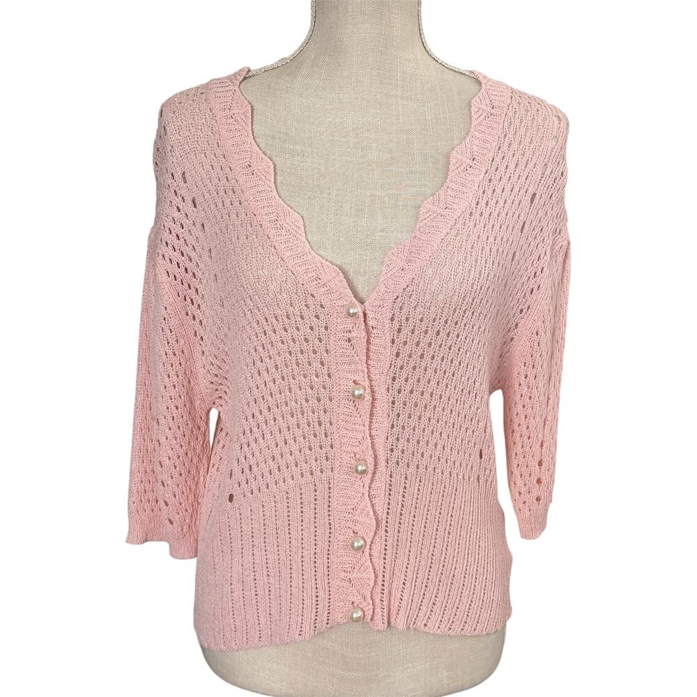 Pink Shrug, Size Large, NWOT 3/4 Sleeve w/ white faux pearl accent buttons